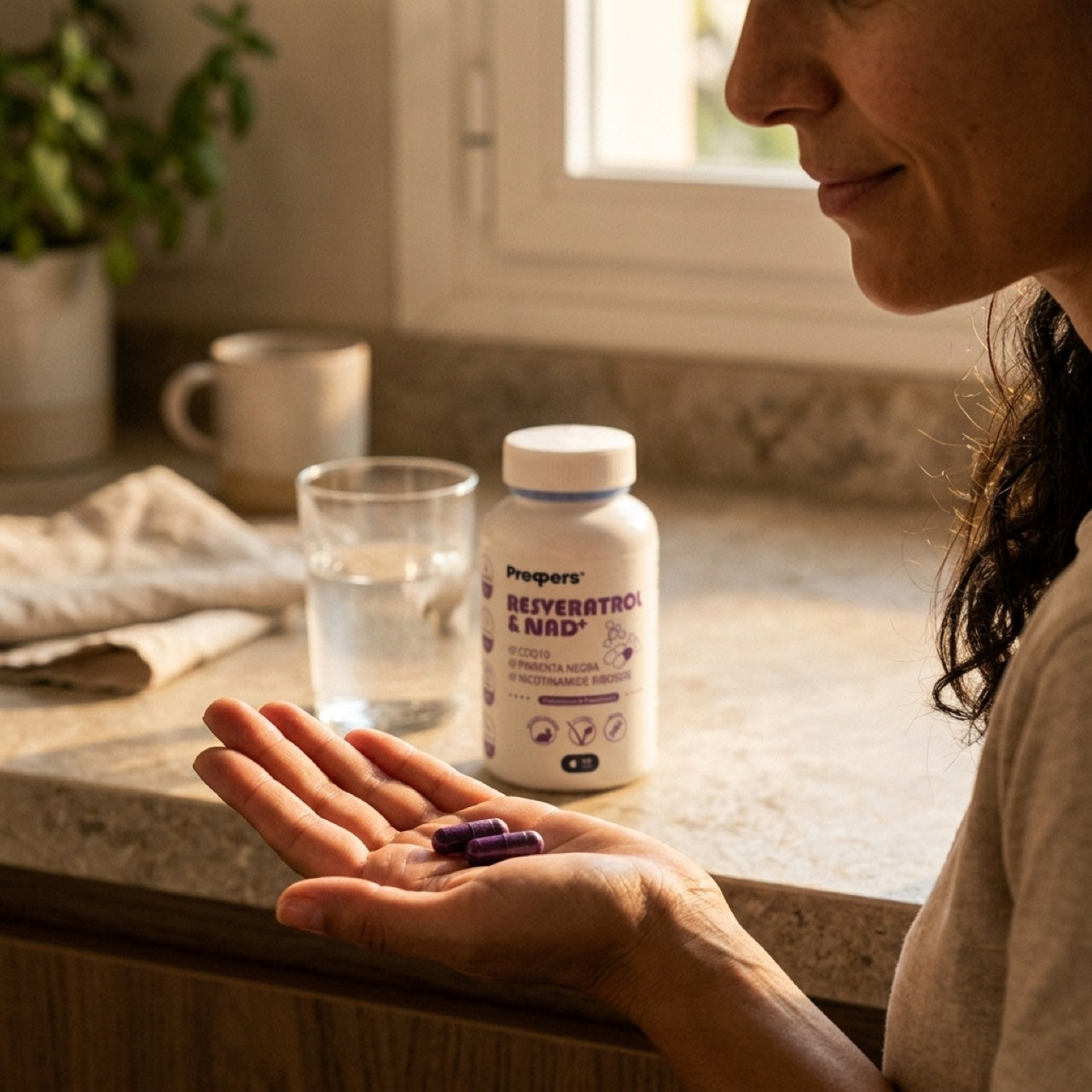 Mujer tomando Resveratrol & NAD+ con desayuno — rutina diaria
