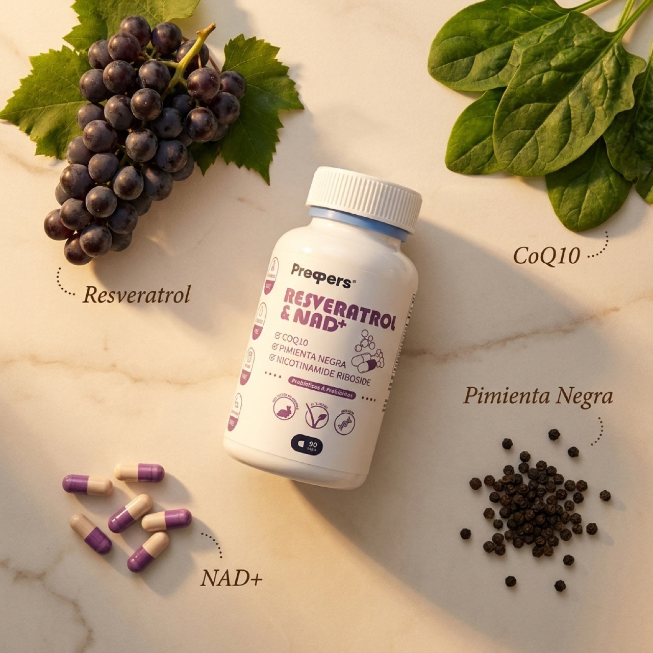 Ingredientes naturales Resveratrol & NAD+: uvas, espinaca, cápsulas y pimienta negra — composición flatlay editorial